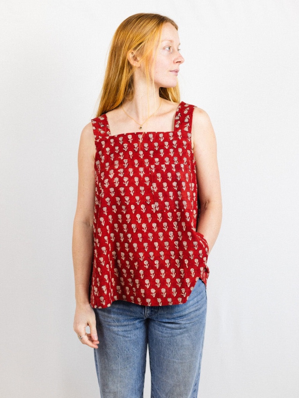 BANJAARA Red Floral-Print Square Neck Tank Top with Wide Straps